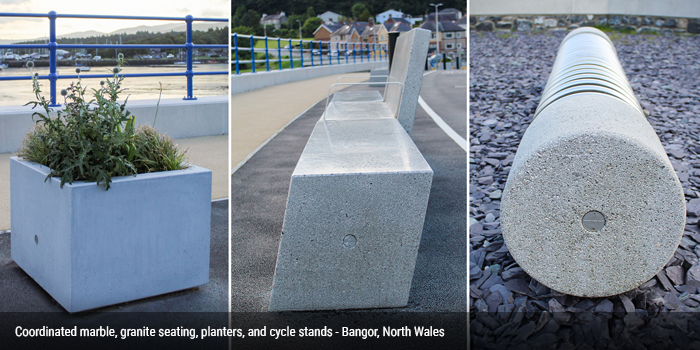 Coordinated marble, granite seating planter and cycle parking - bangor north wales